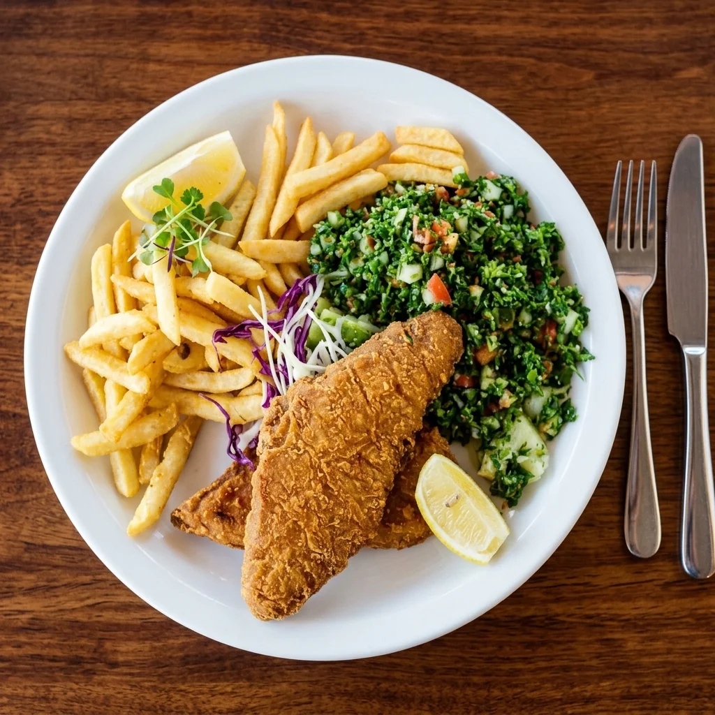 Montfort fish and chips - battered haddock with chips and Montfort Garden Salad at Montfort Mediterranean Grill Ancaster